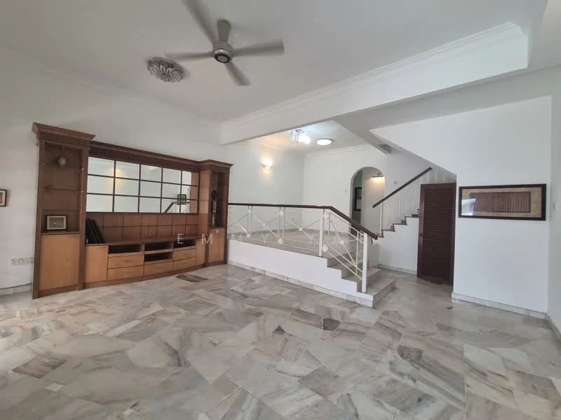 Living features: marble flooring, white painted walls, ceiling rose, 5-blade ceiling fan, built-in wooden cabinetry, large wall mirror, staircase with railing, recessed ceiling lights; style: modern. Room features: white painted walls, marble flooring, staircase, doorway leading to another room.