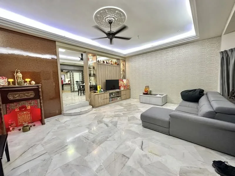 Living features: marble flooring, grey fabric sectional sofa, wall-mounted TV, wooden TV console, decorative shelving with lighting, recessed downlights, ceiling fan with light, feature wall with brown paneling, decorative altar, curtains, wall with textured wallpaper; style: modern.
