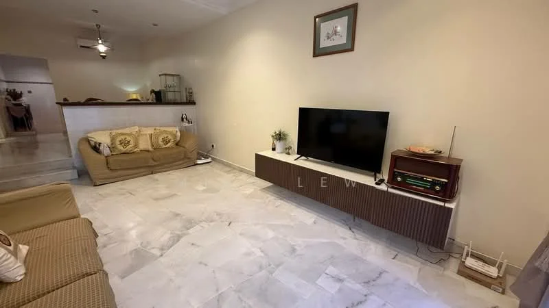 Living features: marble tile flooring, cream painted walls, sofa with decorative cushions, wall-mounted TV, TV console with storage, decorative wall art, ceiling fan, open layout to kitchen, natural light from windows; style: modern.