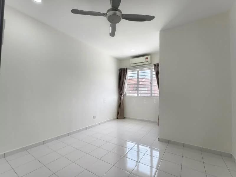 Room features: white painted walls, white tiled flooring, 5-blade ceiling fan, 1 wall-mounted split AC, window with sheer curtains, curtains in brown, natural light from window; style: modern.