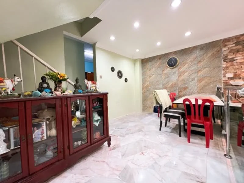Living features: marble tile flooring, green painted walls, stone accent wall, recessed downlights, wall clock, wooden display cabinet, dining table with red chairs, decorative figurines, staircase, decorative plants; style: modern.