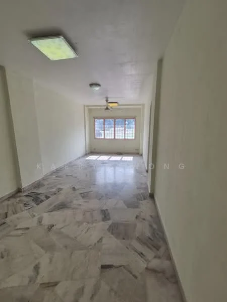 Room features: marble flooring, white painted walls, ceiling light fixture, large windows with grid pattern, natural light from windows.