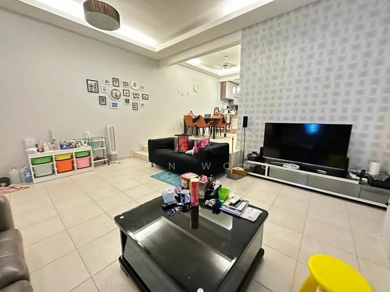 Living features: grey fabric sofa, black coffee table, TV console, wall-mounted TV, decorative wall with photo frames, cream tiled flooring, recessed ceiling lights, ceiling fan, colorful storage bins, decorative items on table, open layout, light-colored walls with patterned accent wall; style: modern.