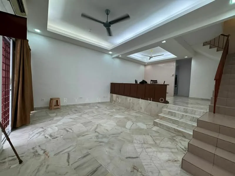 Living features: marble flooring, white painted walls, tray ceiling with recessed lighting, 5-blade ceiling fan, large windows with curtains, staircase leading to upper level, built-in wooden cabinetry, open layout; style: modern.