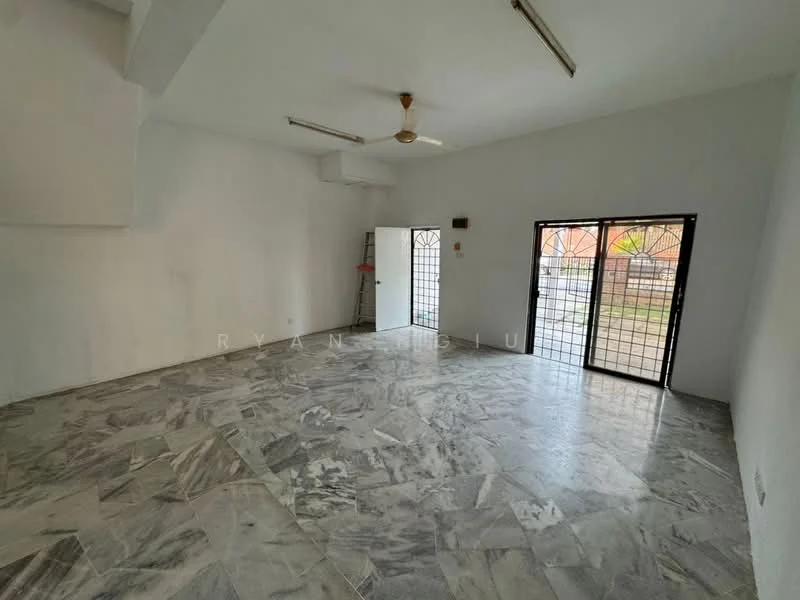 Room features: white painted walls, marble flooring, ceiling fan, two sliding glass doors, grilled security door, natural light from windows, open layout, high ceiling; style: minimalist; view: garden.