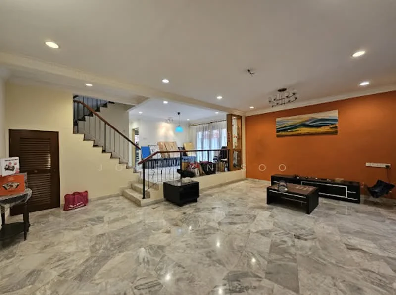 Living features: marble flooring, orange accent wall, white painted walls, recessed downlights, chandelier, staircase with wooden railing, large windows with sheer curtains, TV console, black coffee table, decorative artwork on wall; style: contemporary.