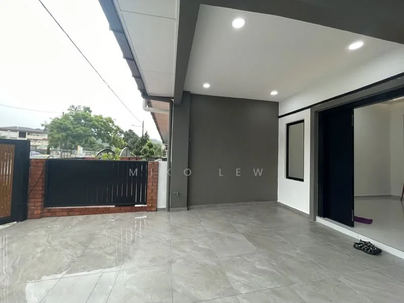 Room features: grey accent wall, white painted walls, recessed downlights, large floor tiles, sliding glass door, outdoor view, open layout, corner space; style: modern; view: garden.