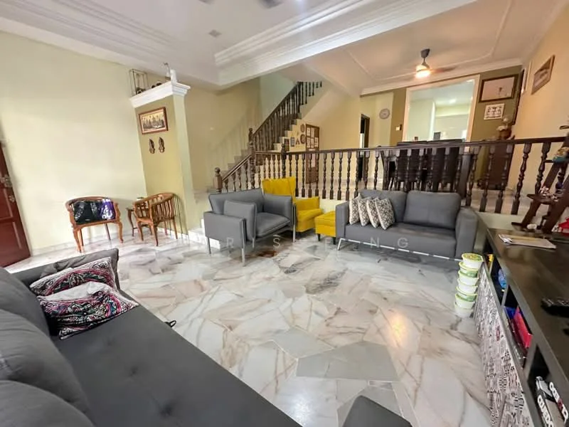 Living features: grey fabric sofa, 2-seater grey sofa, yellow accent chair, marble flooring, white walls, decorative wall art, wooden railing, ceiling fan with light, open layout to dining area, natural light from windows; style: contemporary.