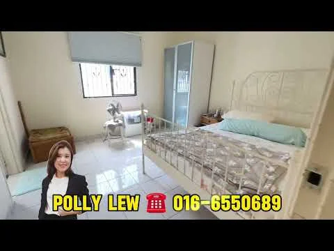 Bedroom features: white painted walls, glossy tile flooring, queen-size bed, metal bed frame, light blue bedding, built-in wardrobe with sliding doors, window with security bars, small bedside table, chair, decorative mirror, natural light from window.