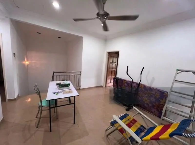 Room features: white painted walls, tile flooring, ceiling fan, dining table with chairs, folding lounge chair, metal ladder, decorative railing, wooden door, foldable exercise equipment, light fixture in ceiling; style: modern.