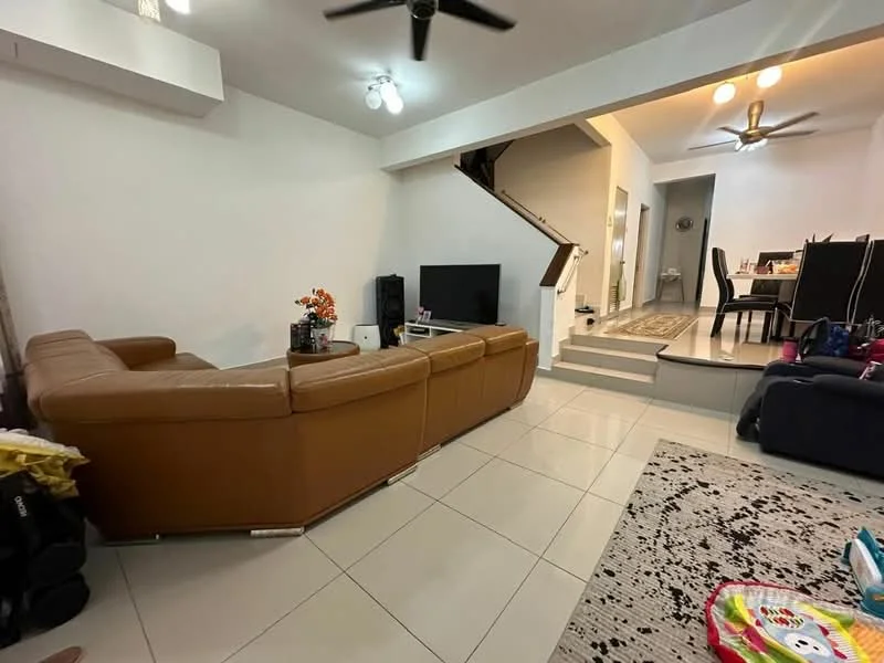 Living features: 3-seater leather sofa in brown, floor-mounted TV, wall-mounted TV, ceiling fan with light, recessed downlights, white painted walls, tile flooring, area rug with geometric pattern, decorative plants, staircase leading to upper floor, dining area visible in background; style: modern.