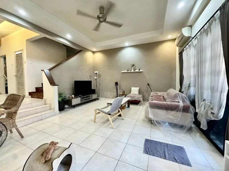 Living features: cream painted walls, tile flooring, 5-blade ceiling fan, sofa in light pink fabric, armchair in light wood, TV console, wall-mounted TV, decorative shelf, large windows with sheer curtains, area rug in grey, decorative plants, staircase leading to upper floor; style: modern.