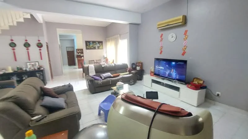 Living features: grey fabric 3-seater sofa, beige fabric 2-seater sofa, coffee table, wall-mounted TV, TV console, white tiled flooring, light purple painted walls, air conditioning unit, decorative wall clock, window with sheer curtains, decorative wall hangings, area rug with geometric pattern; style: contemporary. Room features: white walls, doorway leading to other rooms.