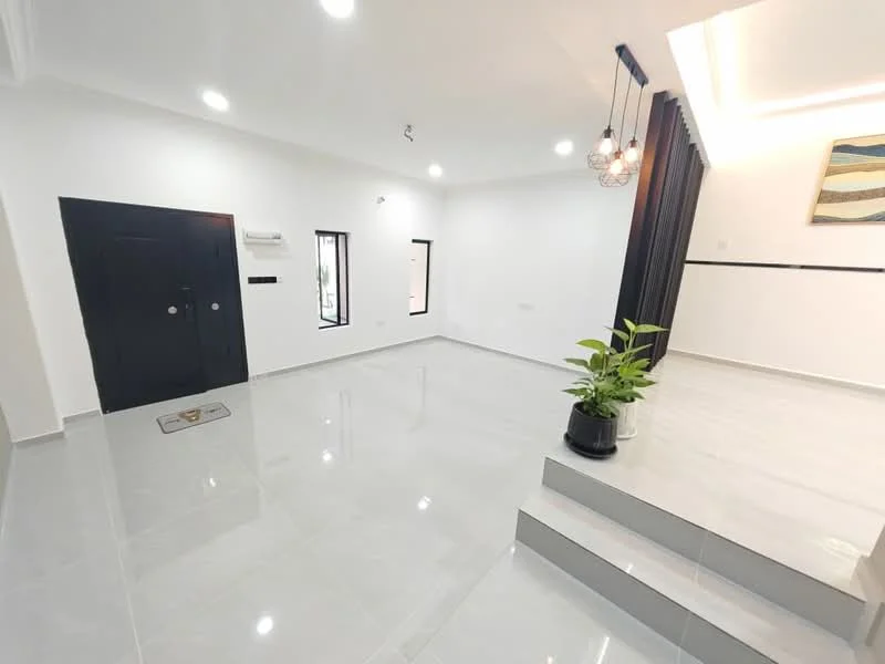 Living features: white painted walls, grey tiled flooring, recessed downlights, 3-blade ceiling fan, black front door, large windows with black frames, black curtains, plant in ceramic pot, staircase with grey steps, decorative wall art; style: modern.