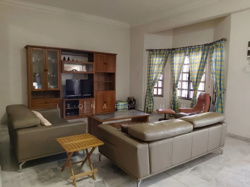 Living features: 3-seater leather sofa in beige, 2-seater fabric sofa in grey, wooden coffee table, TV console, wall-mounted TV, wooden display cabinet, armchair in brown leather, marble flooring, curtains with yellow and blue checkered pattern, multiple windows with wooden frames; style: contemporary.