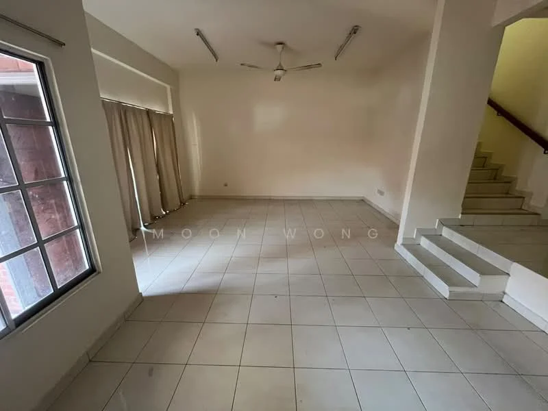 Living features: white painted walls, tile flooring, 5-blade ceiling fan, large window with grid design, curtains, staircase leading to upper level, neutral color scheme, open layout.