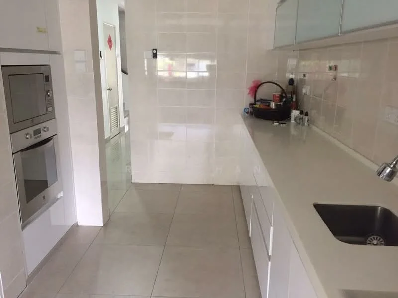 Kitchen features: white cabinetry, white quartz countertop, single-bowl stainless-steel sink, chrome pull-down faucet, built-in oven, freestanding range oven, ceramic tile flooring, white tiled backsplash, under-cabinet lighting, open shelving, kitchen island, recessed downlights; style: modern.