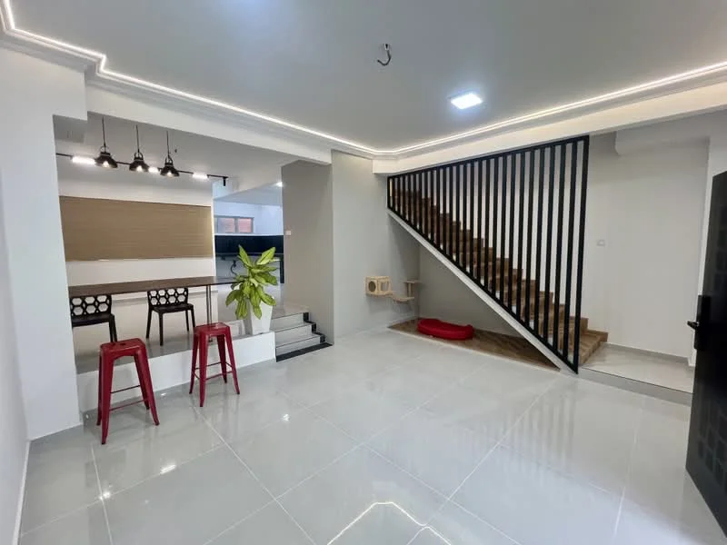 Living features: white painted walls, grey tiled flooring, recessed LED downlights, staircase with wooden steps, black metal railing, open-plan layout, bar counter with high stools, indoor plant, red pet bed, wall-mounted cat tree; style: modern.