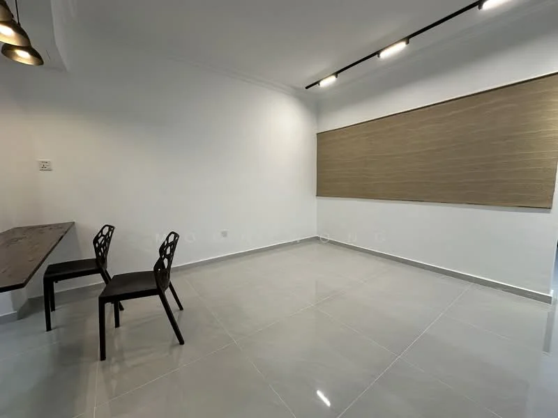 Room features: white painted walls, grey tile flooring, recessed LED downlights, window with roller blinds, wooden dining table, 2 black dining chairs; style: modern.