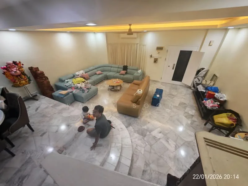 Living features: marble flooring, cream painted walls, sofa in light blue fabric, sectional sofa, coffee table, area rug, ceiling fan with light, recessed lighting, curtains, decorative wall art, child's toys scattered on the floor; style: modern.