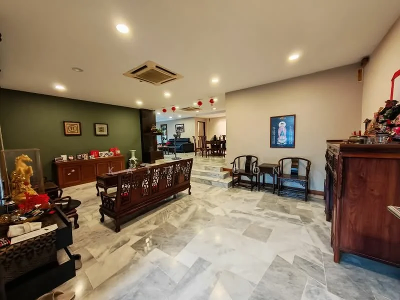 Living features: marble flooring, recessed downlights, wall-mounted air conditioning unit, green accent wall, decorative wooden furniture, traditional wooden chairs, framed artwork on wall, decorative items on display, staircase leading to another level; style: traditional.