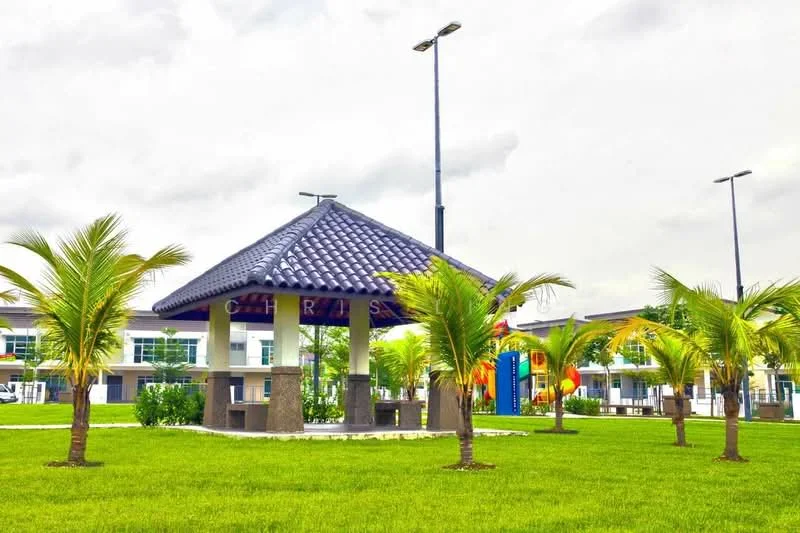 Exterior type: landscape garden; features: pavilion with tiled roof, manicured lawn, palm trees, landscape garden, outdoor seating area, pathway, street lighting; style: modern.