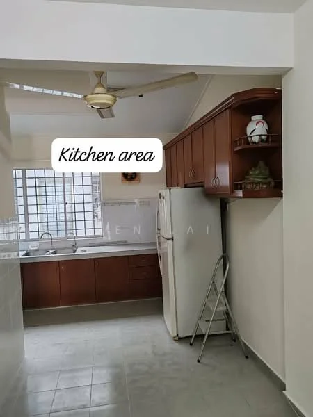 Kitchen features: white walls, grey tiled flooring, wooden cabinetry in brown, double-bowl stainless-steel sink, chrome pull-down faucet, freestanding fridge, ceiling fan, window with grid pattern, countertop space, step ladder; style: modern.