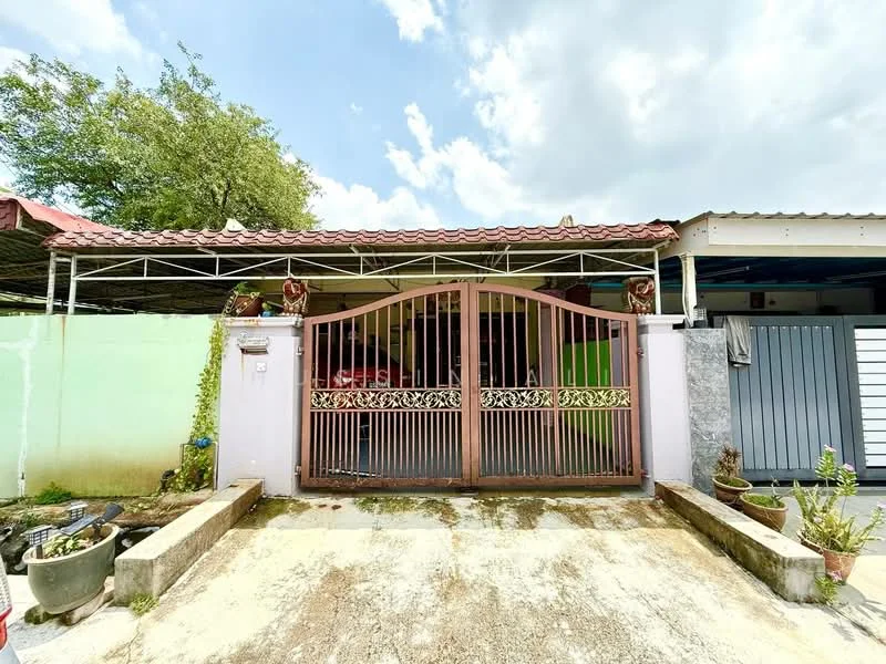 Exterior type: linked terrace house; features: metal gate with decorative design, concrete driveway, covered carport, green wall with climbing plants, mature trees in the vicinity, roof overhang, colorful wall paint, potted plants at entrance; style: modern.