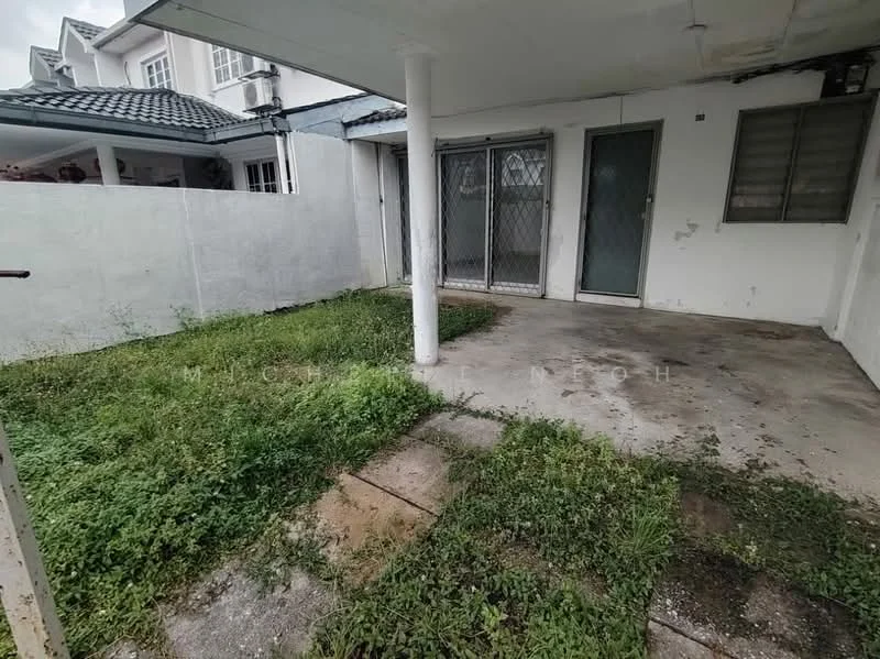 Room features: concrete flooring, white painted walls, sliding glass door, grassy area, paved walkway, exposed ceiling, metal security grille, outdoor space.