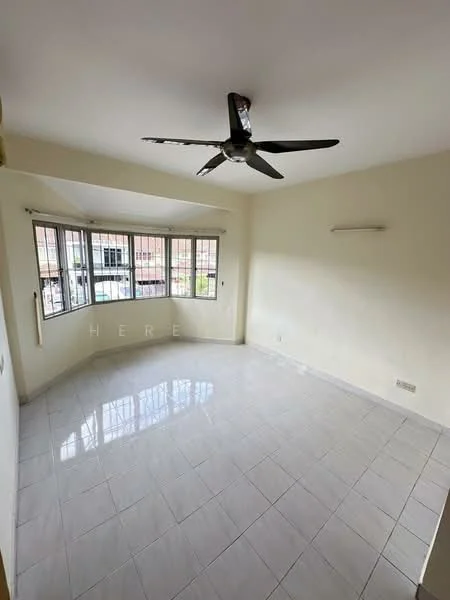 Living features: white painted walls, glossy white tile flooring, 5-blade ceiling fan, floor-to-ceiling windows, natural light from windows, window treatments, light fixture on wall, open layout.