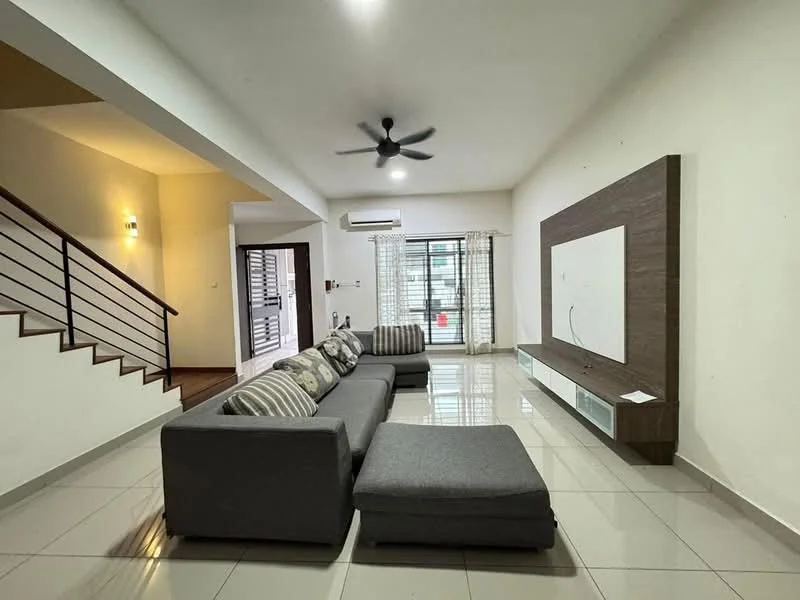 Living features: L-shape sectional sofa in grey, coffee table, wall-mounted TV, TV console, recessed downlights, 5-blade ceiling fan, white painted walls, glossy tile flooring, floor-to-ceiling windows with sheer curtains, decorative wall panel, staircase with wooden railing; style: modern.