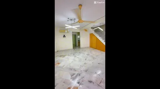 Room features: marble flooring, white painted walls, 5-blade ceiling fan with light, recessed LED downlights, staircase with wooden railing, open layout, decorative wall light; style: modern.