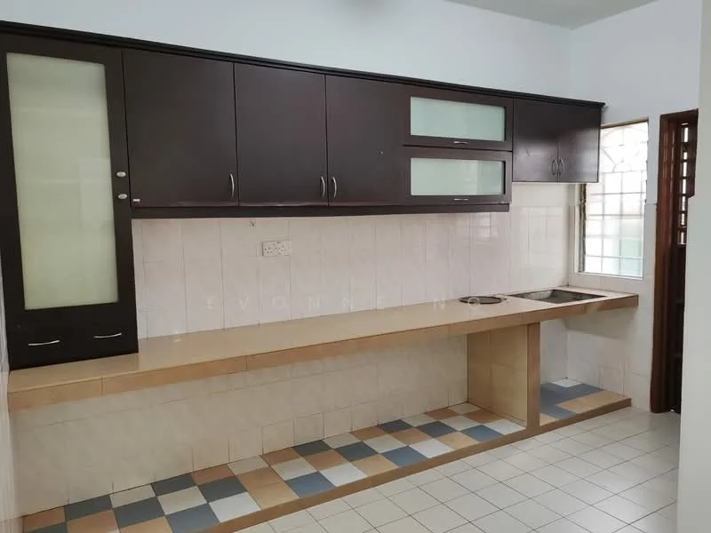 Kitchen features: brown wooden cabinetry with glass panels, white tiled backsplash, light beige countertop, single-bowl stainless-steel sink, wall-mounted faucet, cream tiled flooring, window with grid pattern, open space for appliances; style: modern.