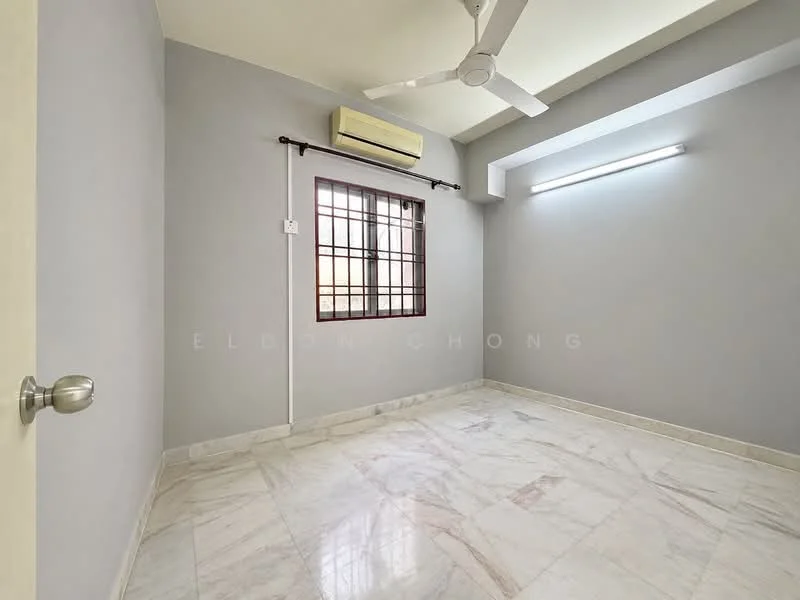 Room features: grey painted walls, marble flooring, ceiling fan, window with grid pattern, air conditioning unit, LED strip lighting, light-colored ceiling; style: modern.