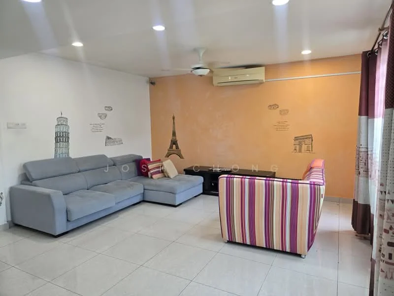 Living features: L-shape sectional sofa in grey, 2-seater sofa with striped upholstery, coffee table, wall-mounted air conditioning unit, ceiling fan, white painted walls, orange accent wall with wall decals, tile flooring, curtains with geometric pattern, decorative wall art; style: modern.