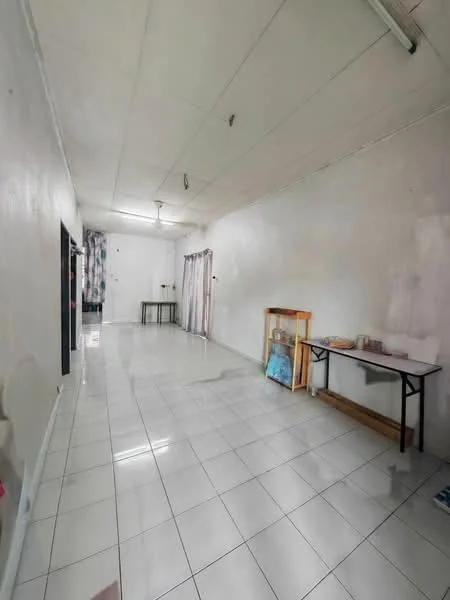 Room features: white painted walls, glossy ceramic tile flooring, ceiling lights, floor-to-ceiling windows with sheer curtains, two tables, open space layout, neutral color scheme, no visible appliances or furniture; style: minimalist.