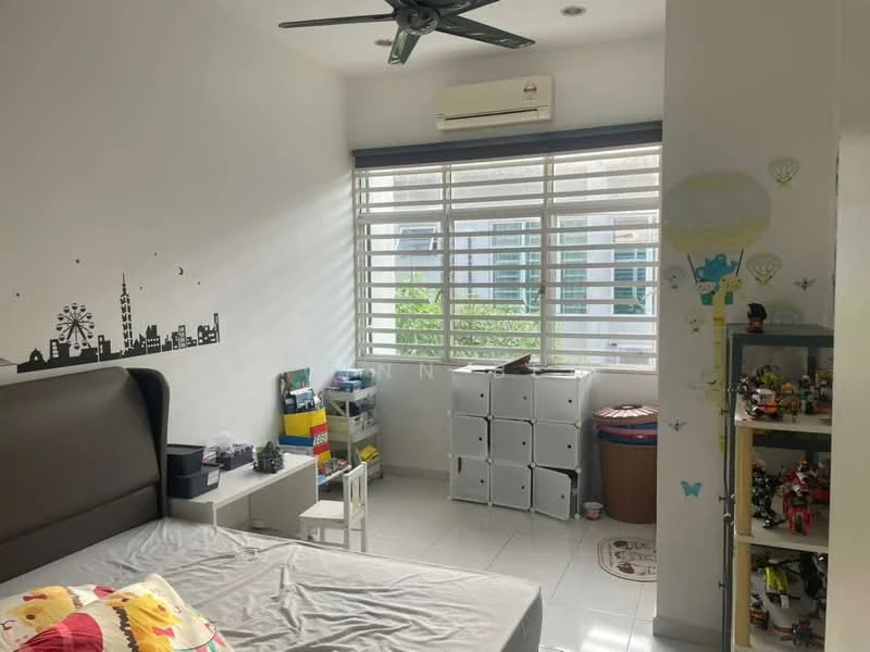 Bedroom features: queen-size bed, 5-blade ceiling fan, white painted walls, sliding windows with horizontal blinds, tile flooring, built-in wardrobe, decorative wall decals, open shelving unit, storage boxes, waste bin; style: modern; view: garden.