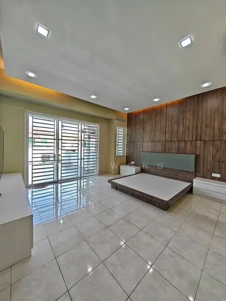 Bedroom features: white painted walls, wood accent wall, glossy tile flooring, recessed LED downlights, floor-to-ceiling windows, sliding window treatments, platform bed frame, minimalist bedside tables, built-in wardrobe, decorative ceiling, neutral color palette; style: modern.