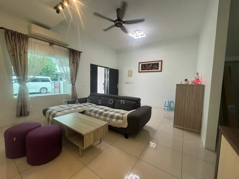 Living features: 3-seater fabric sofa in grey, coffee table, 2 purple ottomans, floor-to-ceiling windows, sheer curtains, white painted walls, polished tile flooring, ceiling fan with light, decorative wall art, light fixtures, open layout; style: modern; view: garden.