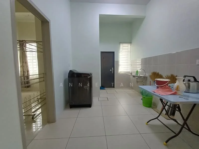 Laundry features: white painted walls, tile flooring, single-bowl stainless-steel sink, black washing machine, green plastic bucket, folding table, window with blinds, light fixture on ceiling. Room features: white painted walls, tile flooring, doorway leading to another room, window with sheer curtains.