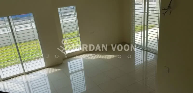 Room features: white painted walls, glossy tile flooring, large windows with horizontal slats, natural light from multiple windows, greenery visible outside the windows; style: modern; view: garden.