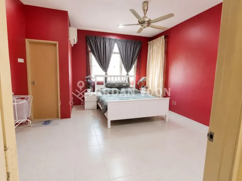 Bedroom features: red painted walls, white tiled flooring, queen-size bed, upholstered headboard, bedside lamps, floor-to-ceiling windows, sheer curtains, dark curtains, ceiling fan, built-in wardrobe; style: modern.