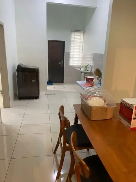 Room features: white painted walls, glossy ceramic tile flooring, wood dining table, wooden dining chairs, single-bowl stainless-steel sink, washing machine, door with window, window with blinds, bathroom visible in the background; style: modern.