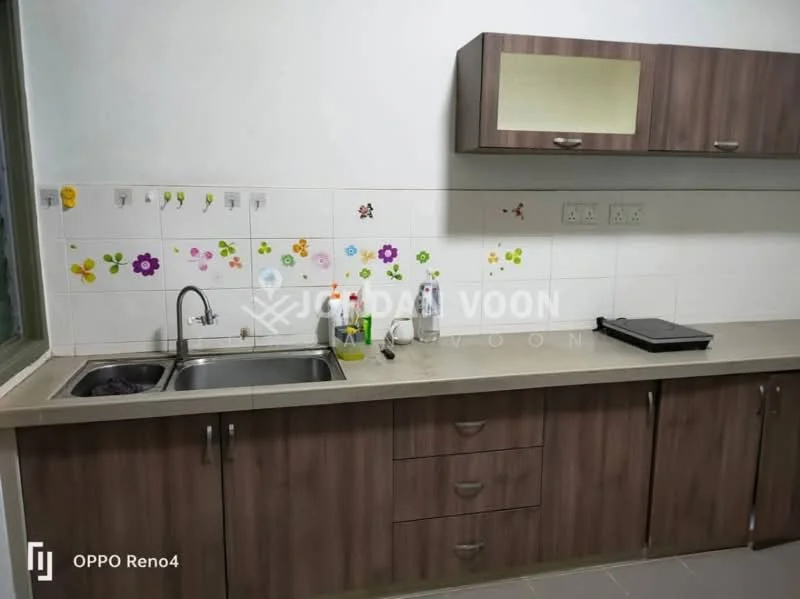 Kitchen features: double-bowl stainless-steel sink, chrome pull-down faucet, laminate countertop, wood cabinetry in brown, tile backsplash with floral pattern, built-in stove, wall-mounted electrical outlets, decorative wall stickers, under-cabinet lighting; style: modern.