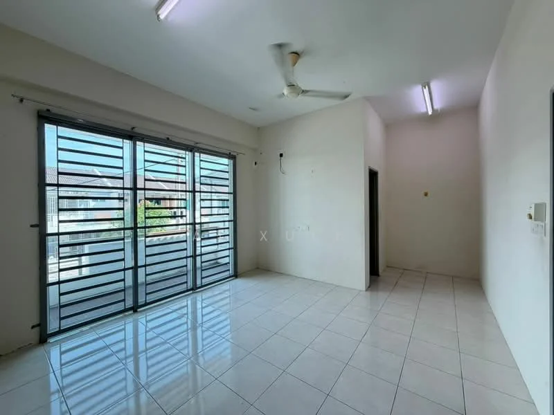 Room features: white painted walls, glossy white tile flooring, ceiling fan, sliding glass door, floor-to-ceiling windows, natural light from windows, light fixtures on ceiling, corner wall with no visible features; style: modern; view: garden.