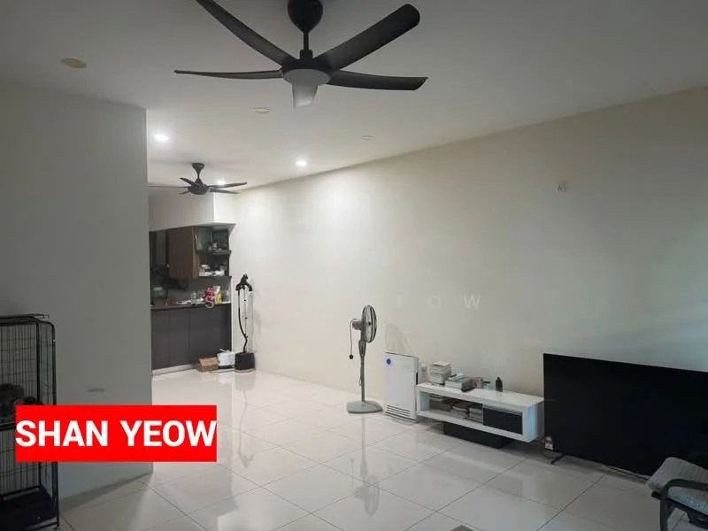 Living features: white painted walls, glossy white tile flooring, 5-blade ceiling fan with light, wall-mounted TV, TV console, floor fan, open layout to kitchen, recessed lighting; style: modern. Kitchen features: dark cabinetry, countertop, kitchen appliances visible; style: modern.