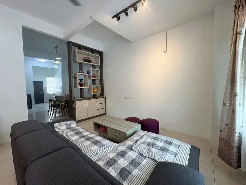 Living features: grey fabric sofa, coffee table, wall-mounted shelving unit, decorative items on shelves, pendant lighting, tile flooring, curtains with floral pattern, recessed ceiling lights; style: modern.