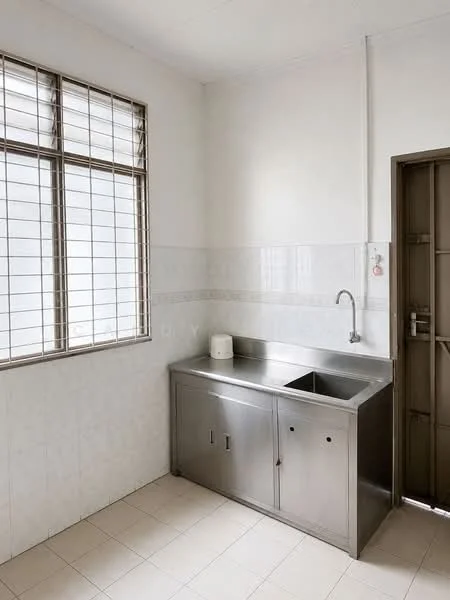 Kitchen features: stainless-steel sink, chrome faucet, metal cabinetry, white tiled walls, light-colored floor tiles, window with metal grille, countertop, wall-mounted faucet; style: modern.
