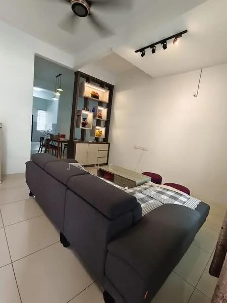 Living features: 3-seater fabric sofa in grey, coffee table, wall-mounted shelving unit, recessed LED downlights, ceiling fan, tile flooring, neutral painted walls, decorative items on shelves; style: modern.