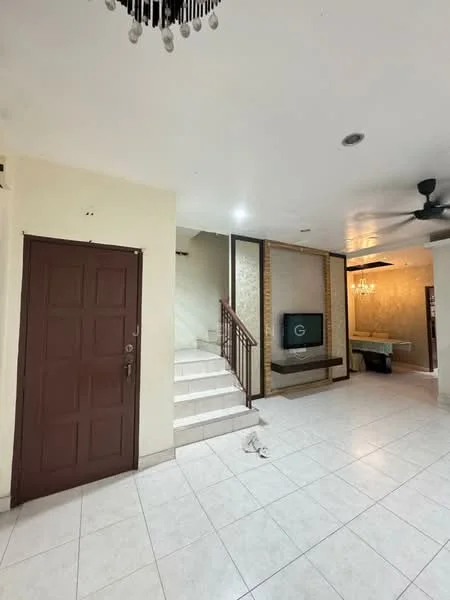 Living features: white tiled flooring, cream painted walls, staircase with wooden railing, ceiling fan, chandelier, wall-mounted TV, built-in shelf, door leading outside, recessed lighting; style: modern.